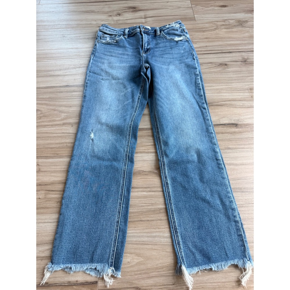 Flying Monkey Womens Distressed Straight Leg Jeans Medium Wash Raw Hem F5210 30